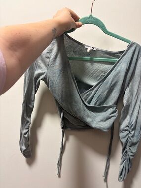 Fashion Nova Sage Green Wrap Crop Top with Ruched Sleeves